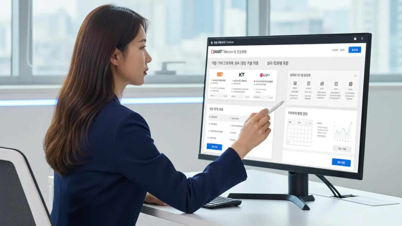 통신 상담사가 모니터를 보며 펜으로 가리키는 모습