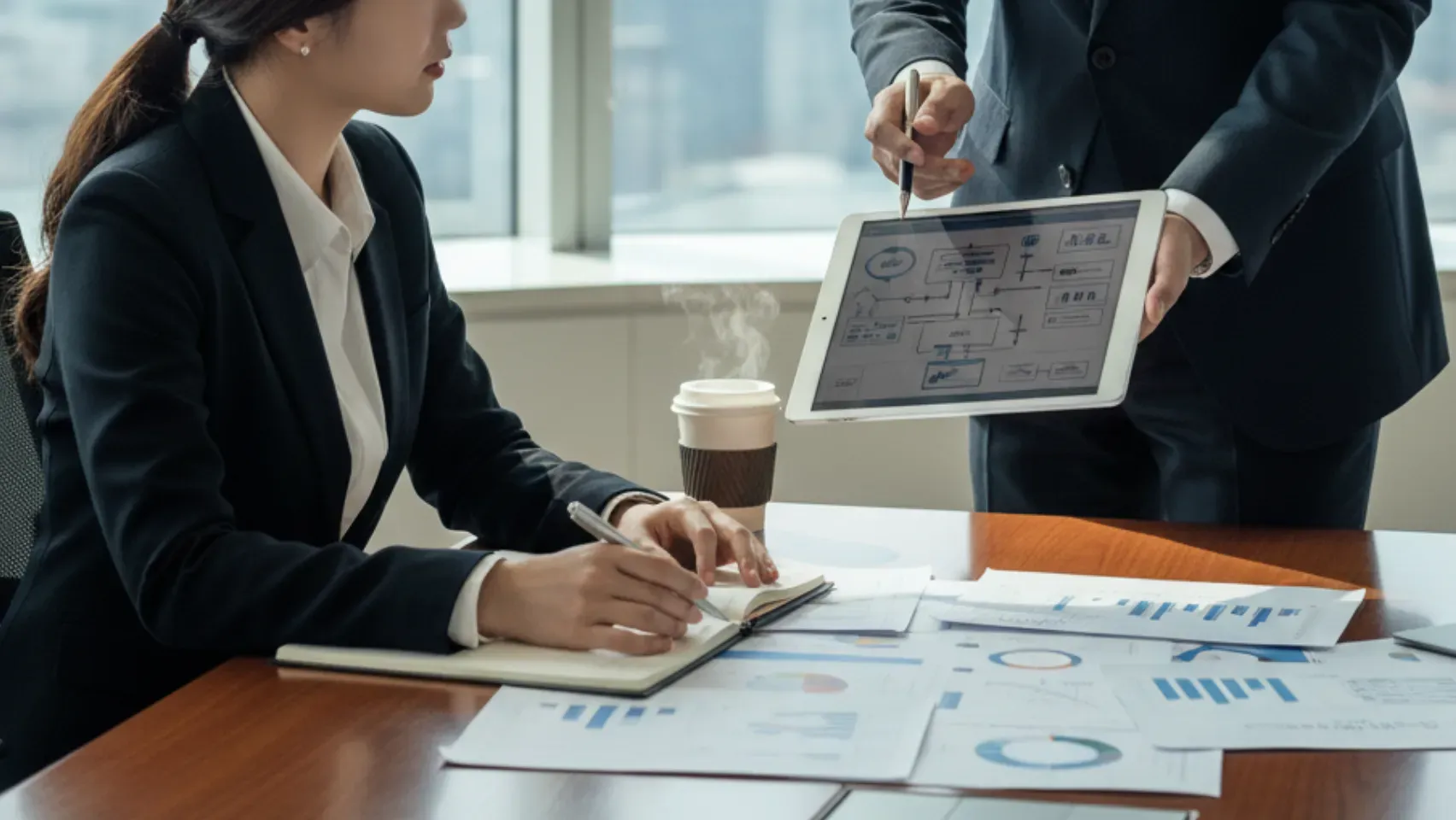 태블릿으로 다이어그램을 보여주며 컨설팅하는 모습